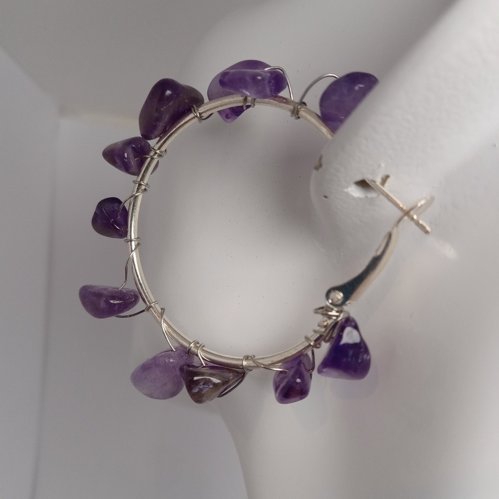 Purple amethyst Stone silver plated Hoop Earrings - Picture 2 of 6